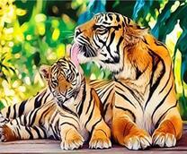 Тигрица умывает тигренка летним днем