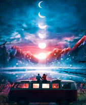 Влюбленный любуются луной над горным озером