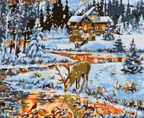 Олень у реки возле домика