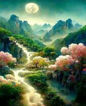 Незабываемая долина среди гор и цветущих деревьев