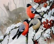 Снегири и олень в заснеженном лесу