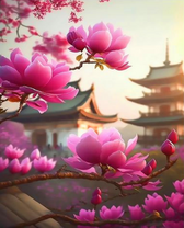 Вид на пагоду сквозь цветы магнолии