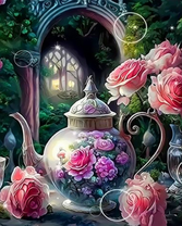 Сказочный чайник с цветами и букет роз