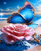 Розовая роза и большая синяя бабочка