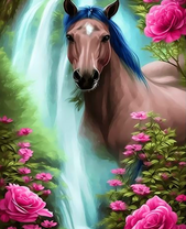 Синегривая лошадь у водопада и цветов