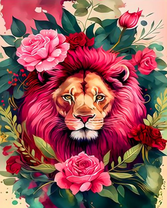 Лев с розовой гривой среди роз