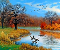 Утки над рекой в осеннем пейзаже