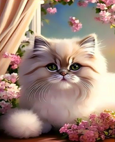 Пушистая кошка среди весеннего цвета