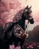 Черный конь в амуниции и цветах