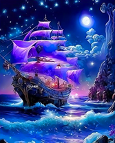 Сказочный корабль в ночном море