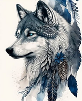 Серый волк с перьями и цветами