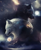 Белый и черный волк на фоне темного неба