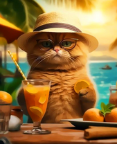 Котик в шляпке на отдыхе