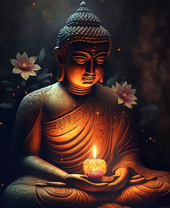 Будда со свечей среди цветов