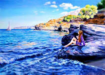 Девушка на камне возле моря