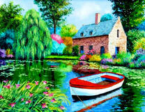 Каменный дом у озера с лодкой