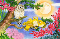 Сова и ее потомство на ветке