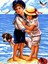 Мальчик, девочка и собака на берегу моря