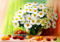 Букет больших ромашек и ягоды