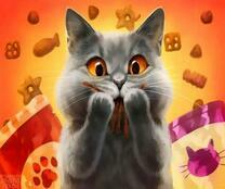 Серый кот ест вкусняшки