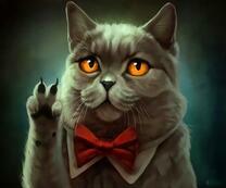 Серый кот с красным бантом