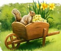 Белочка в тележке с цветами