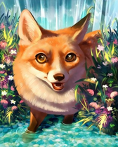 Пушистая лиса среди цветов