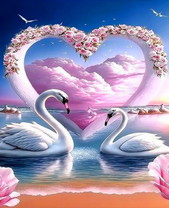 Сердце над морем и влюбленные лебеди