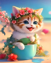 Котёнок в чашке с цветочным веночком