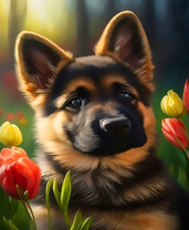 Щенок немецкой овчарки среди тюльпанов