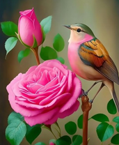 Птичка с розовым брюшком на розе