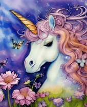 Милый единорог среди цветов и бабочек