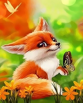 Милый лисенок с бабочкой среди цветов