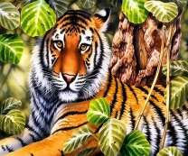 Молодой тигр под зелёным деревом