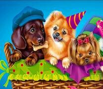 Весёлые щеночки в корзине