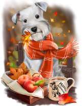 Песик в красном шарфике посреди осени