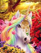 Единорог в цветах на солнечной поляне