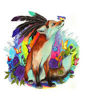 Лиса в цветах с бабочками