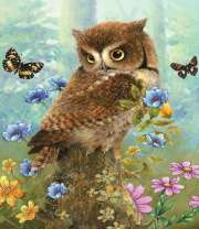 Милая сова среди цветов и бабочек