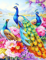 Павлины в цветах на берегу озера