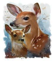 Олененок с мамой у осеннего дерева