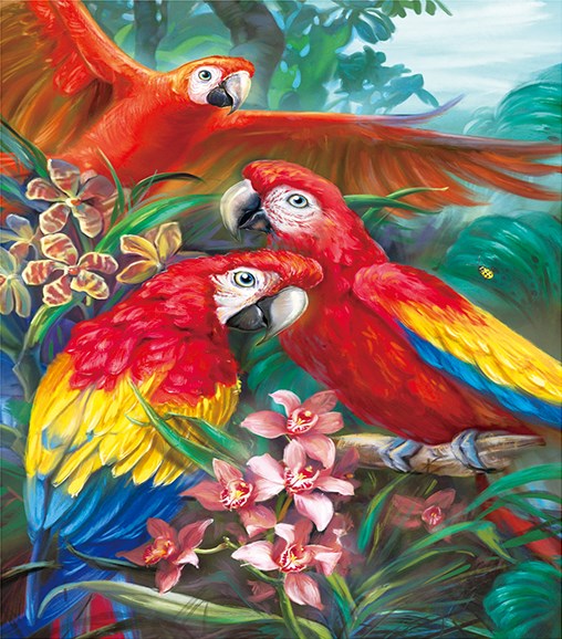Алмазная мозаика частичная выкладка 21x25 Три ярких ара и цветы в джунглях