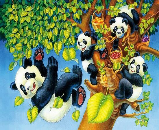 Алмазная мозаика частичная выкладка 21x25 Маленькие панды собирают урожай на дереве