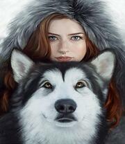 Рыжеволосая девушка и хаски