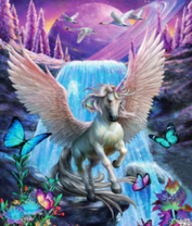 Сказочный единорог возле водопада