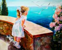 Девочка с котёнком над морем