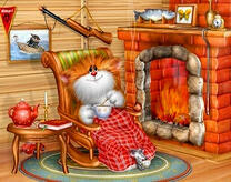 Рыжий кот у камина