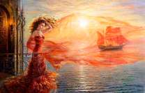 Девушка ждет у моря корабль