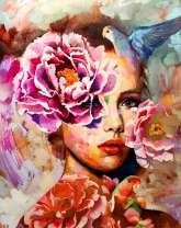 Девушка с розами и попугаи