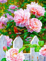 Птичка на заборе утопающем в розах